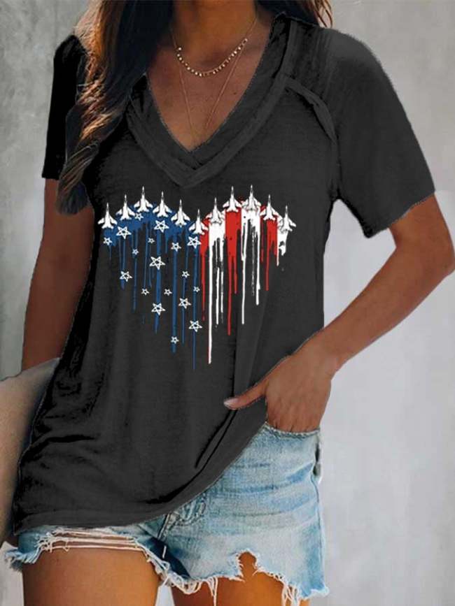 Women's  Flag Independence Day Print V-Neck Casual T-Shirt