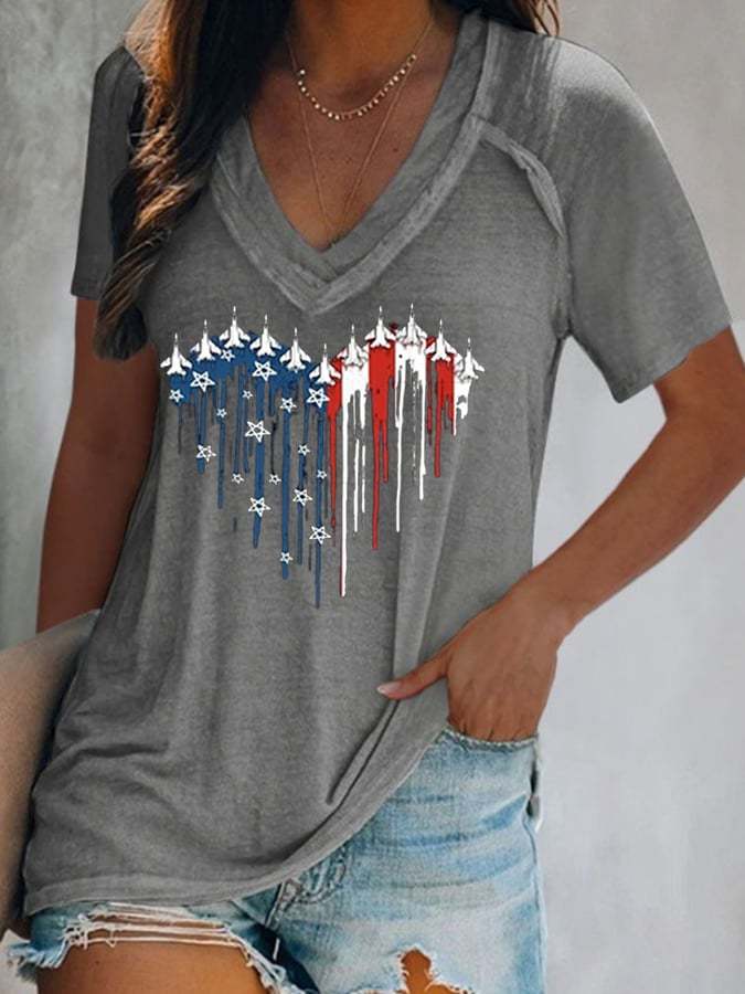 Women's  Flag Independence Day Print V-Neck Casual T-Shirt