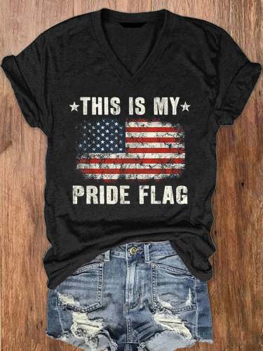 Women's This Is My Pride Flag USA American 4th of July Print V-Neck T-Shirt