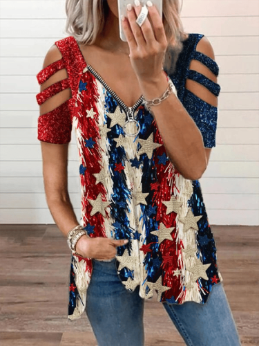 Women's Vintage American Flag Print Zipper Off Shoulder Casual T-Shirt