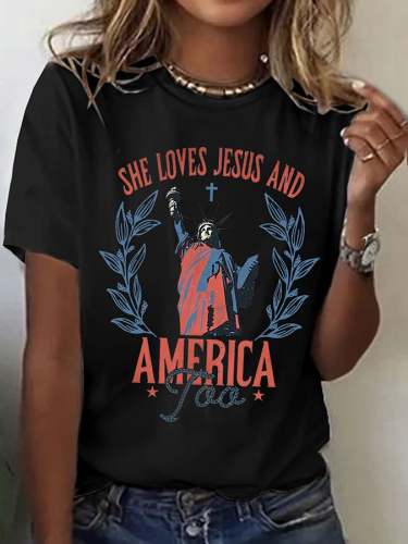 Women's (She Loves Jesus and America Too) Independence Day Printed Casual T-Shirt