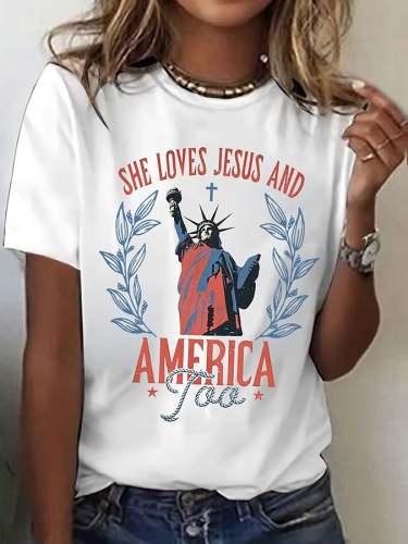 Women's (She Loves Jesus and America Too) Independence Day Printed Casual T-Shirt