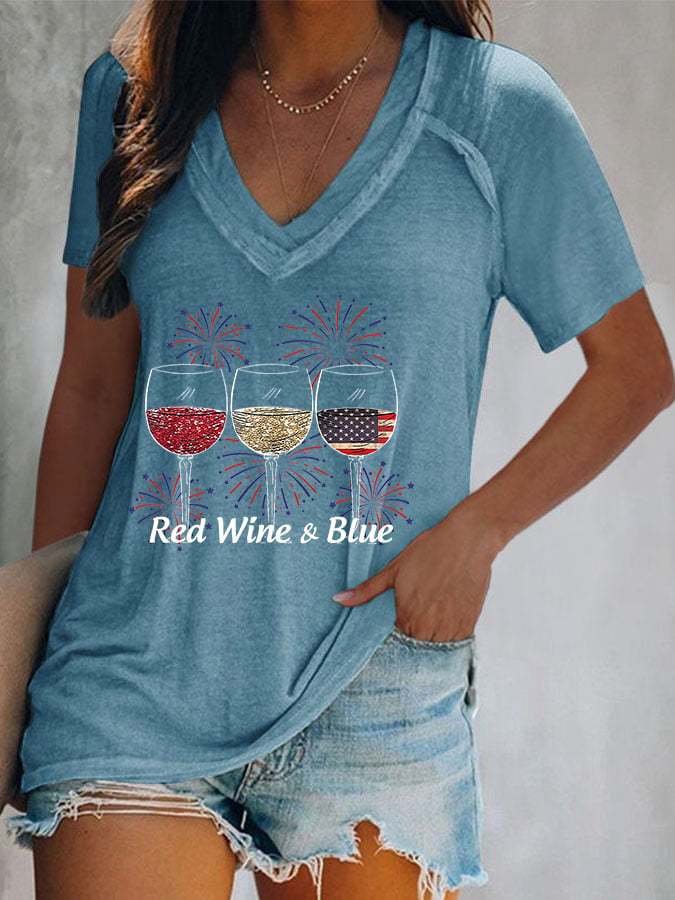 Women's Red Wine and Blue Print T-Shirt