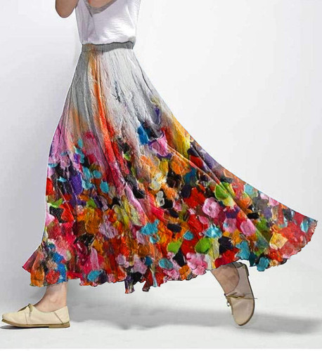 Retro Art Floral Print Elastic Waist Skirt