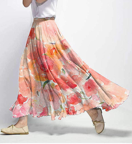 Retro Floral Print Elastic Waist Skirt