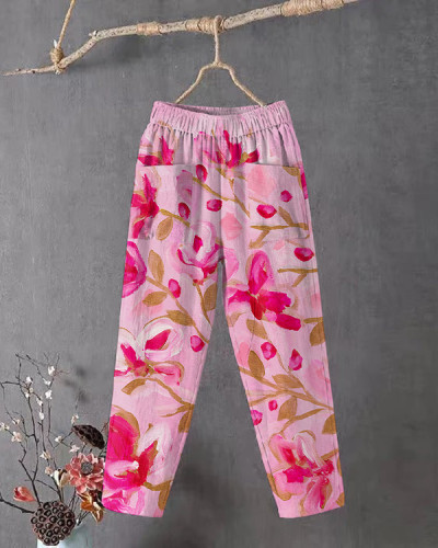 Vintage Pink Floral Print Loose Cropped Casual Pants