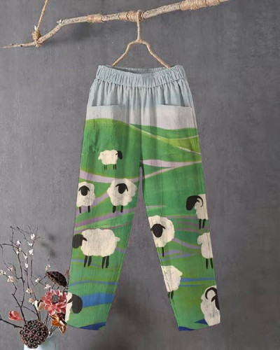Women's Farm Lamb Print Loose Cropped Casual Pants