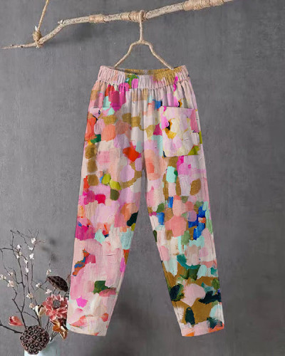 Retro Pink Floral Print Loose Cropped Casual Pants