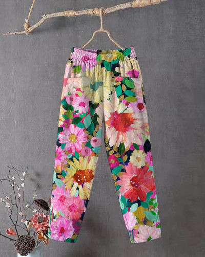 Vintage Floral Print Loose Cropped Casual Pants