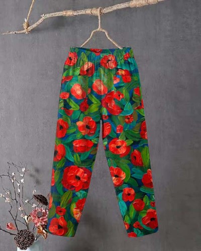 Retro Colorful Floral Print Loose Cropped Casual Pants