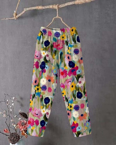 Retro Colorful Art Floral Print Loose Cropped Casual Pants