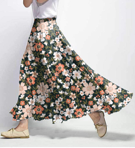 Vintage Floral Print Elastic Waist Skirt