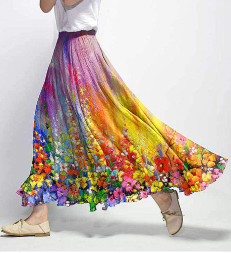 Vintage Colorful Floral Print Elastic Waist Skirt