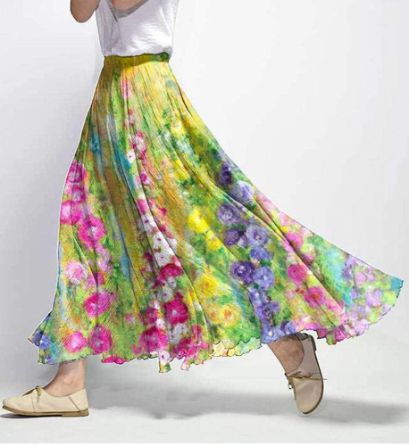 Vintage Colorful Floral Print Elastic Waist Skirt