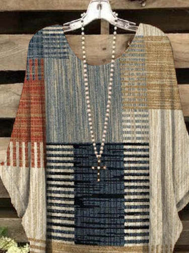 Women's V-neck Vintage Geometric Pattern Cotton And Linen Top