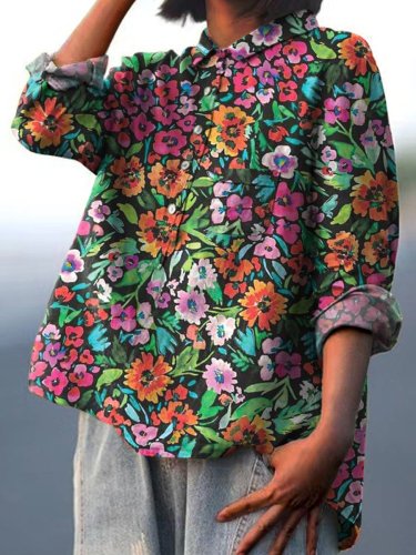 Watercolor Floral Bush Pattern Printed Women's Casual Cotton And Linen Shirt