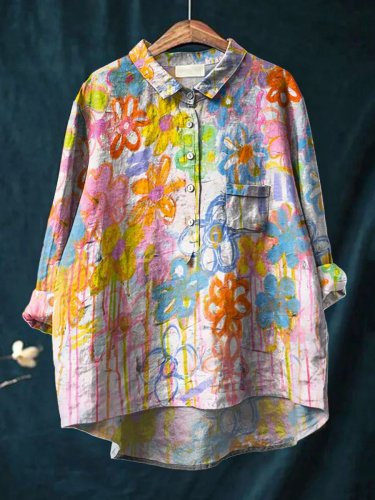 Women's Vintage Flower Art Print Casual Cotton And Linen Shirt