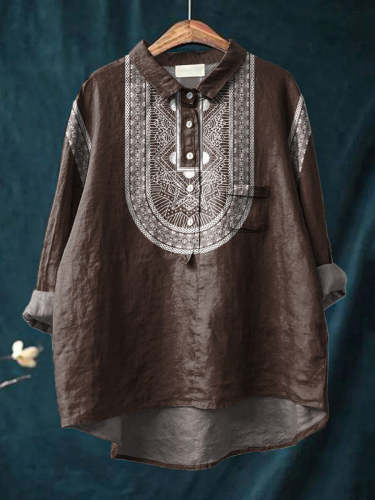 Ethnic Style Geometric Pattern Printed Women's Casual Cotton And Linen Shirt