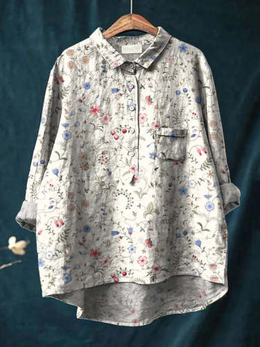 Vintage Style Floral And Berry Pattern Printed Women's Casual Cotton And Linen Shirt