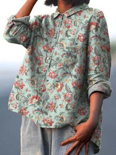 70s Style Vintage Floral Pattern Printed Women's Casual Cotton And Linen Shirt