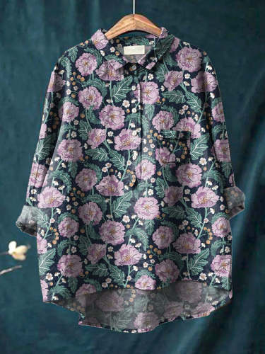 Midnight Camellia Floral Pattern Printed Women's Casual Cotton And Linen Shirt