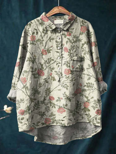 Vintage Style Pink Floral Repeat Pattern Printed Women's Casual Cotton And Linen Shirt