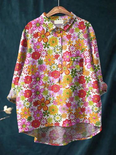 Women's  Hippie Floral Art Print Casual Cotton And Linen Shirt