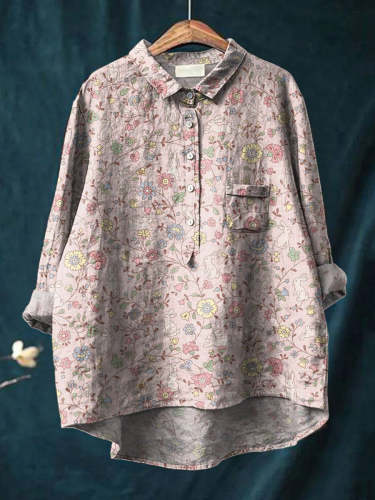 Bunny In Spring Field Seamless Repeat Pattern Printed Women's Casual Cotton And Linen Shirt