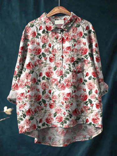 Watercolor Red Rose Pattern Printed Women's Casual Cotton And Linen Shirt