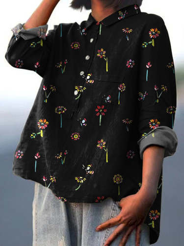 Summer Floral And Butterfly Pattern Printed Women's Casual Cotton And Linen Shirt