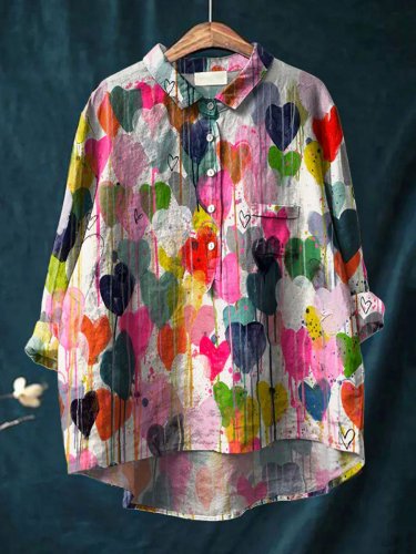 Women's Vintage Loving Heart Art Print Casual Cotton And Linen Shirt