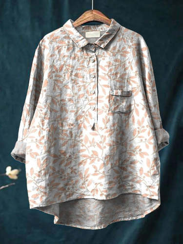 Watercolor Bough Summer Pattern Printed Women's Casual Cotton And Linen Shirt