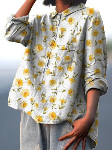 Lovely Daffodil Floral Pattern Printed Women's Casual Cotton And Linen Shirt