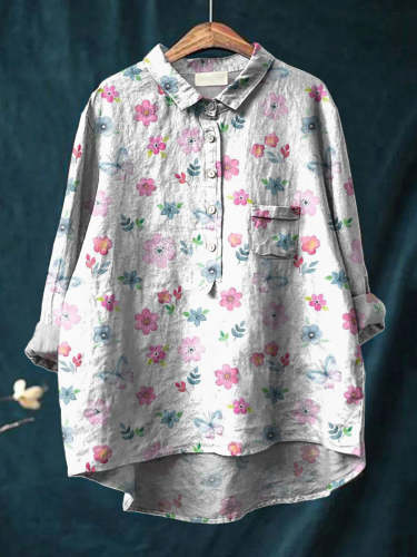 Watercolor Floral And Butterfly Pattern Printed Women's Casual Cotton And Linen Shirt