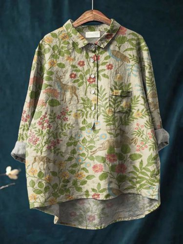 Women's Vintage Floral Animals Art Print Casual Cotton And Linen Shirt