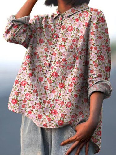 Retro Small Floral Pattern Printed Women's Casual Cotton And Linen Shirt