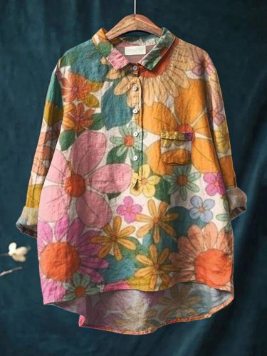 Women's Floral Art Print Casual Cotton And Linen Shirt
