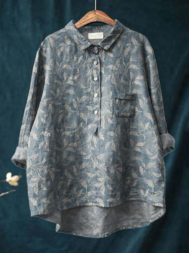 Spring Vines Pattern Printed Women's Casual Cotton And Linen Shirt