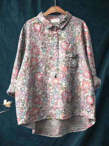 Women's Vintage Floral Art Print Casual Cotton And Linen Shirt