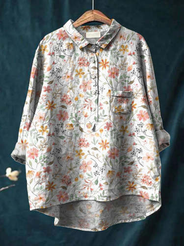 Sweet Watercolor Floral Repeat Pattern Printed Women's Casual Cotton And Linen Shirt