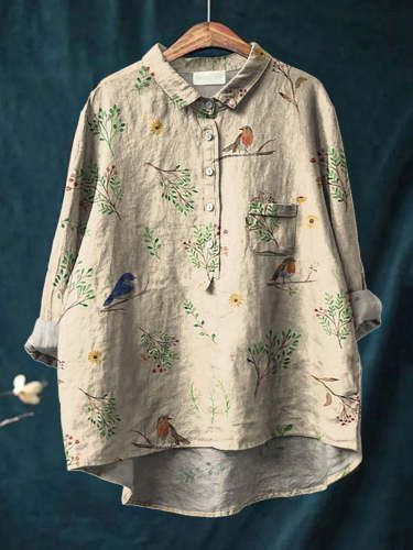 Boughs And Robin Birds Pattern Printed Women's Casual Cotton And Linen Shirt