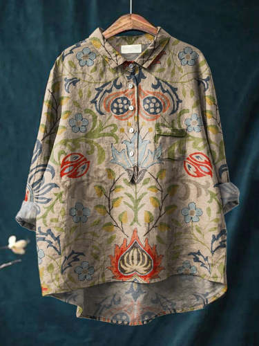 Women's Vintage Ethnic Floral Art Print Casual Cotton And Linen Shirt