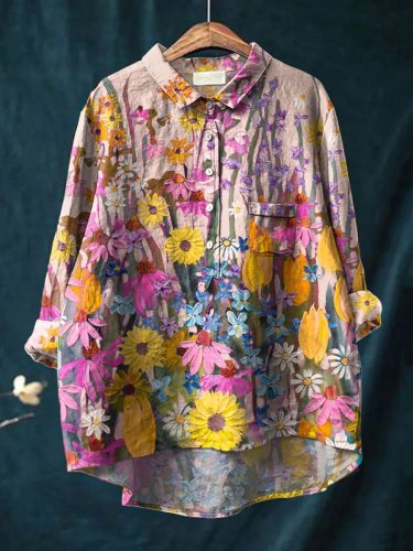 Women's Vintage Flower Art Print Casual Cotton And Linen Shirt