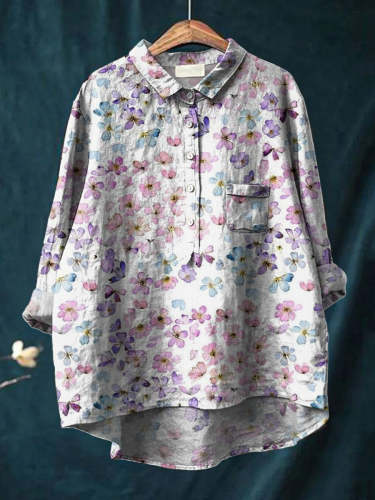 Watercolor Small Floral Pattern Printed Women's Casual Cotton And Linen Shirt
