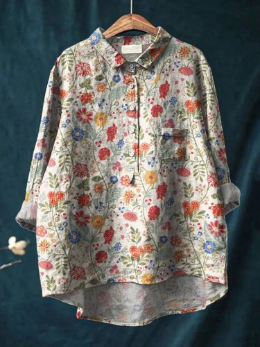 Women's Floral Art Print Casual Cotton And Linen Shirt
