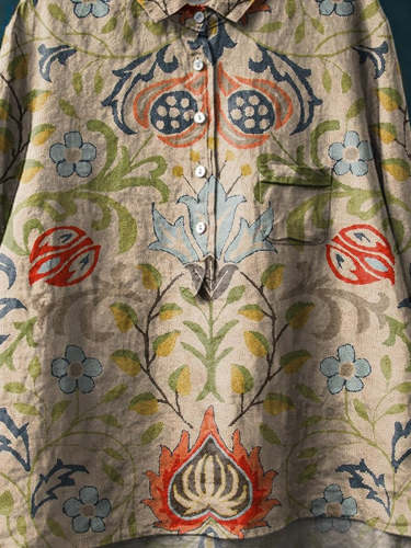 Women's Vintage Ethnic Floral Art Print Casual Cotton And Linen Shirt