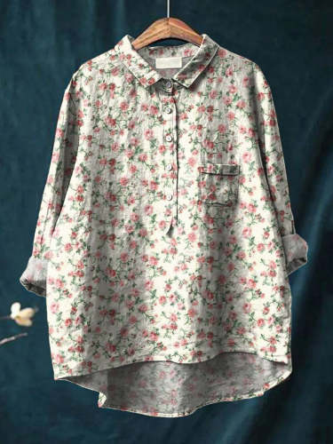 Sweet Pink Rose Repeat Pattern Printed Women's Casual Cotton And Linen Shirt