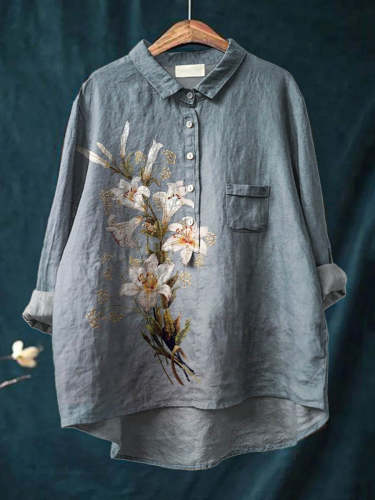 Women's Vintage Elegant Lily Art Print Casual Cotton And Linen Shirt