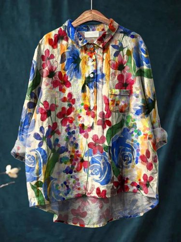Colorful Watercolor Floral Field Printed Women's Casual Cotton And Linen Shirt