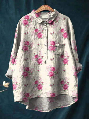 Pink Rose Pattern Printed Women's Casual Cotton And Linen Shirt